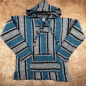 Art Maz Blue Black Grey Mexican Hoodie Drug Rug Hippie Poncho XS